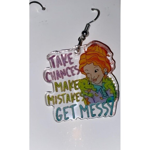 Ms. Frizzle Earrings Magic School Bus "TAKE CHANCES, MAKE MISTAKES, GET MESSY". - Picture 1 of 4